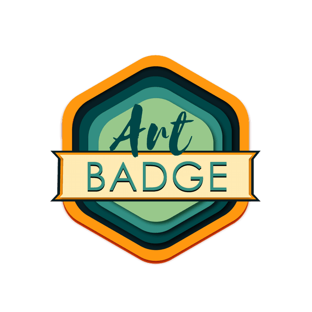 An orange-bordered badge with a green centre and the words "Art Badge" overlaid